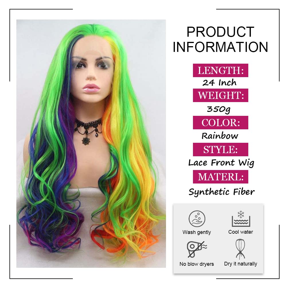 Regenbogen-Perücke für Damen, lang, gewellt, bunt, Regenbogen-Perücke, Orange, Gelb, Blau, Grün, Rosa, Lila, Rot, mehrfarbig, klebefrei, hitzebeständige Faser, Lace-Front-Perücke für Cosplay