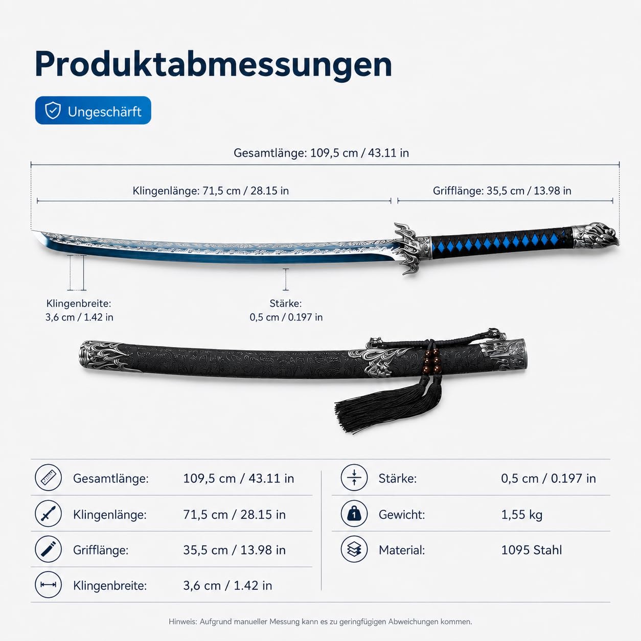 Katana Samurai Schwert - Japanisches Dekorationsschwert mit Blauer Klinge & Gravuren - Ungeschliffene Edelstahlklinge - ABS-Scheide - Perfekt für Sammler & Anime Deko