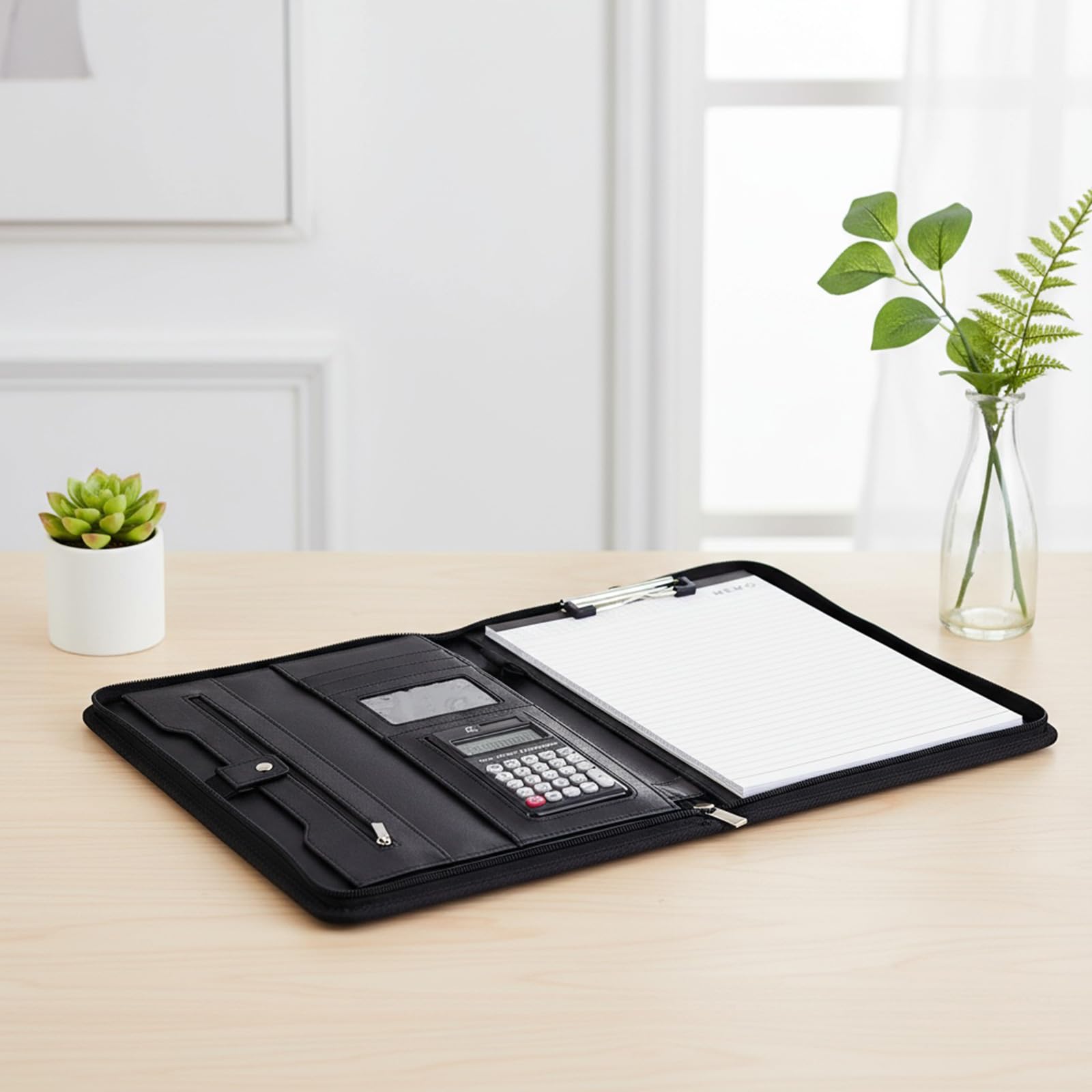 Carpeta de conferencias de negocios con calculadora de 12 dígitos y blocs de notas, funda de piel con cremallera, organizador de archivos, portapapeles con cremallera
