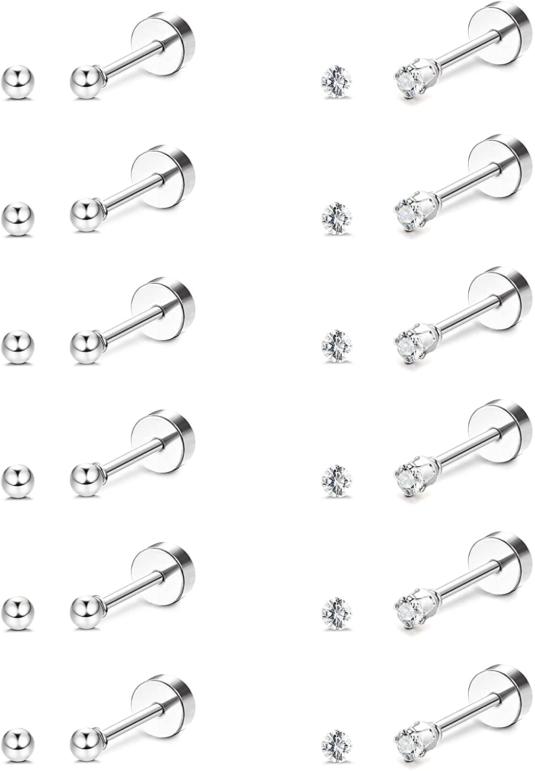 LOLIAS 12 Pares Pendientes de Tuerca Para Mujeres Acero Quirúrgico Piercing de Cartílago Pequeños Pendientes Cúbica Transparente Tornillo de Bola Redondo Juego de Pendientes de Parte Trasera Plana