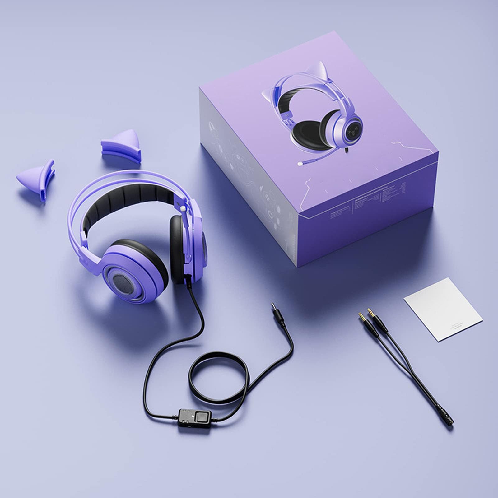 SUNGOOYUE Auriculares Estéreo para Juegos, Bonitos Auriculares con Orejas de Gato de 3,5mm con Micrófono para Niñas, , PC, Altavoces Premium, Uso Cómodo (Violeta)