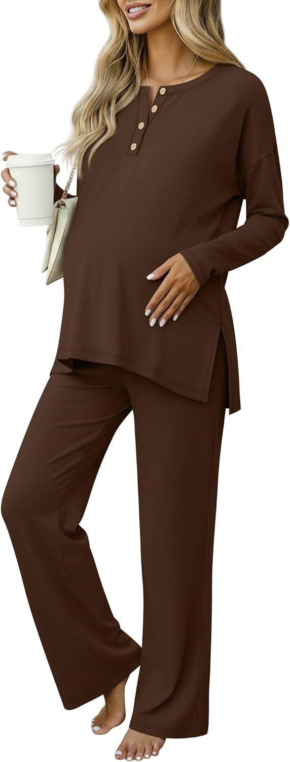 Women's Maternity Pajamas Sets, Long Sleeve Pregnancy Postpartum Delivery Lounge Nursing Pjs with Pockets Pjs
