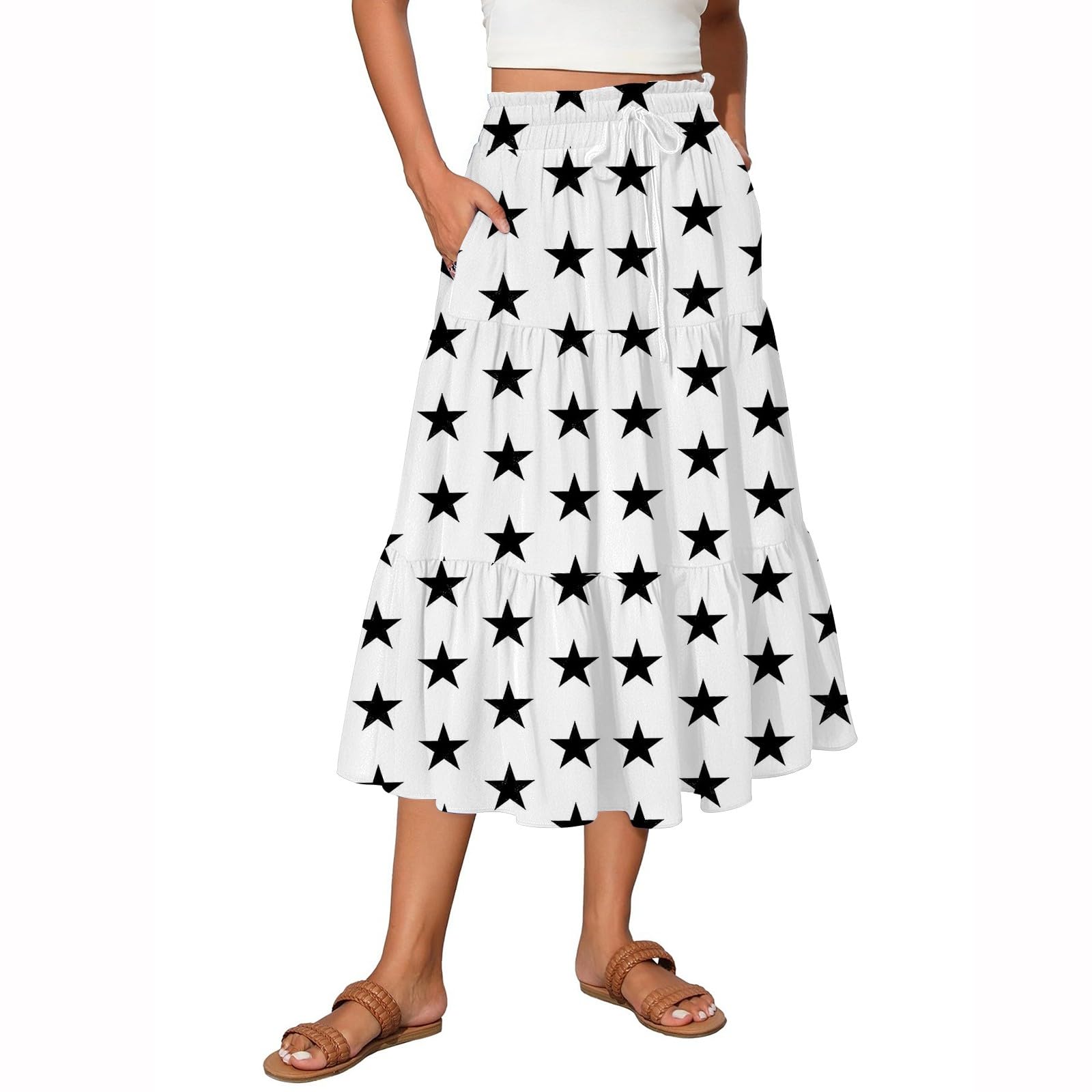 Womens Long Skirts Drawstring Bubble Maxi Skirts Sexy Ruffle Casual Flowy Skirt Soft Elastic Waist Beach Cover Up