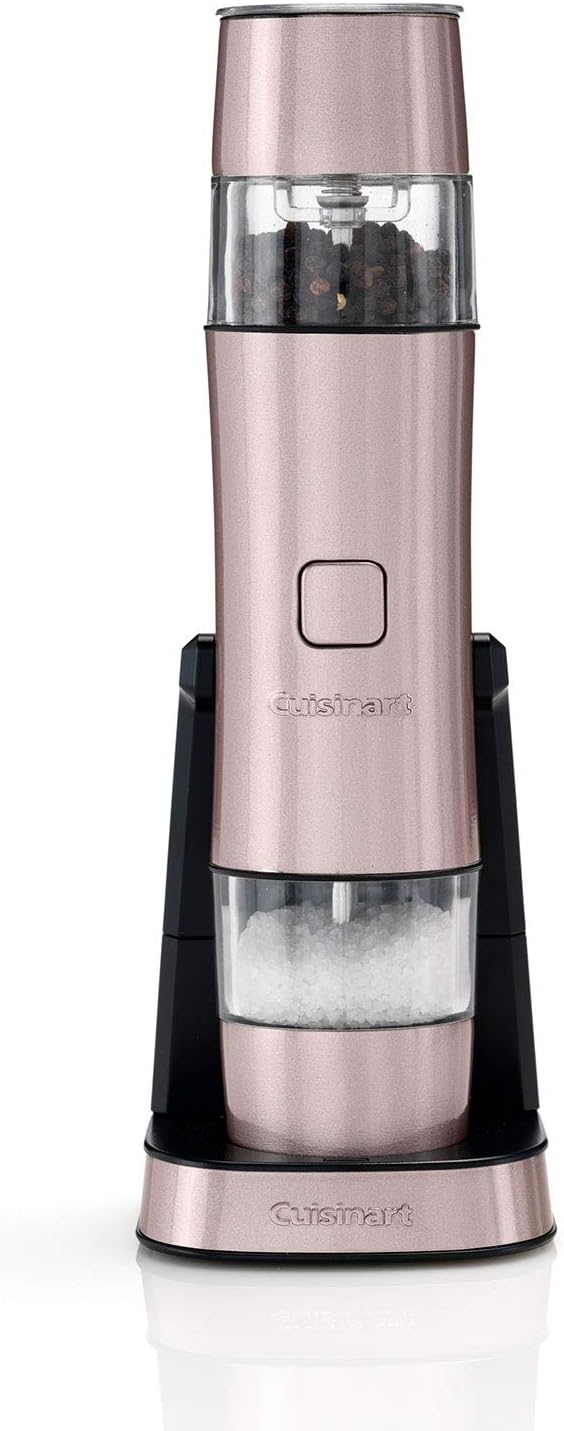 Cuisinart Electric Salt and Pepper Grinder Set Rechargeable Seasoning Mill No Batteries needed, 20 min charging Measuring cap Adjustable Grind settings 3 year guarantee Vintage Rose