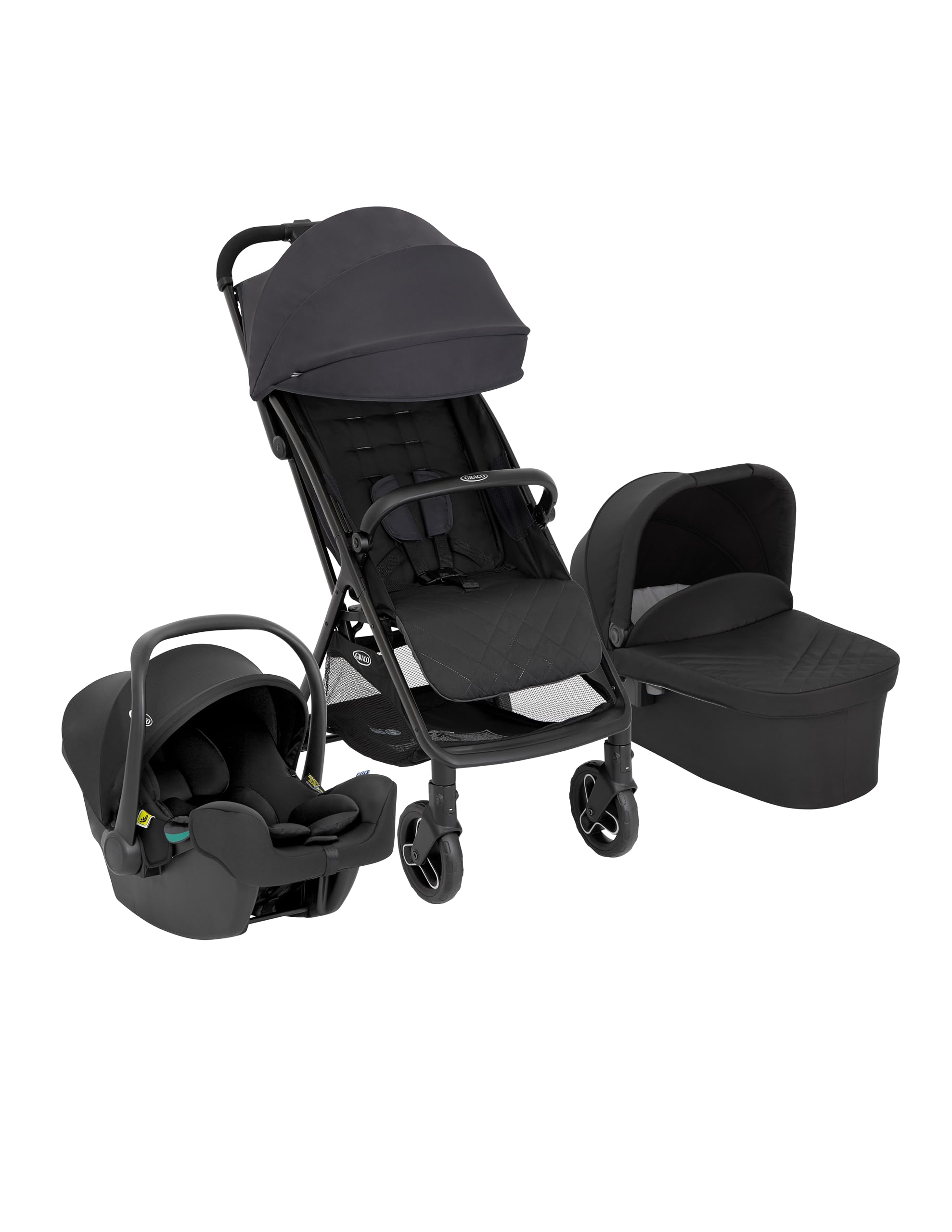 Graco - MYAVO™ TRIO - Passeggino leggero con chiusura veloce (0-22 kg), seggiolino auto per neonati (da 40 a 75 cm), navicella (mx. 9 kg); colore Charcoal