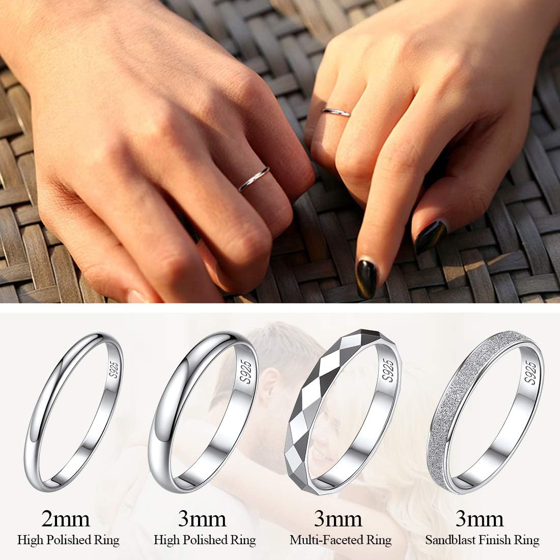 ChicSilver 2/3/5mm 925 Sterling Silver Ring Customizable Plain Dome High Polished Wedding Band Comfort Fit Size 4-12