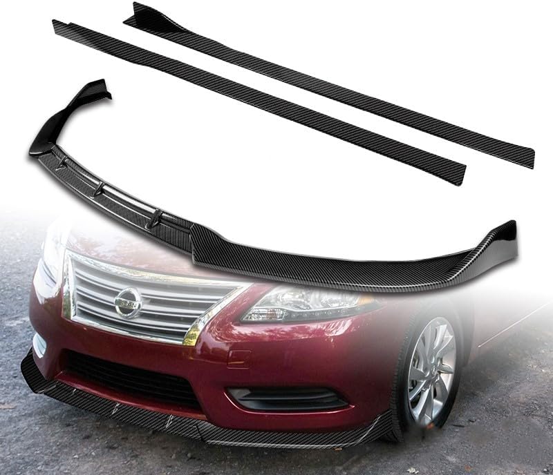9pcs Combo Front Bumper Body Kit Lip + Side Skirt Extensions Diffuser Compatible with 2013-2015 Nissan Sentra 2014 (Painted Carbon)