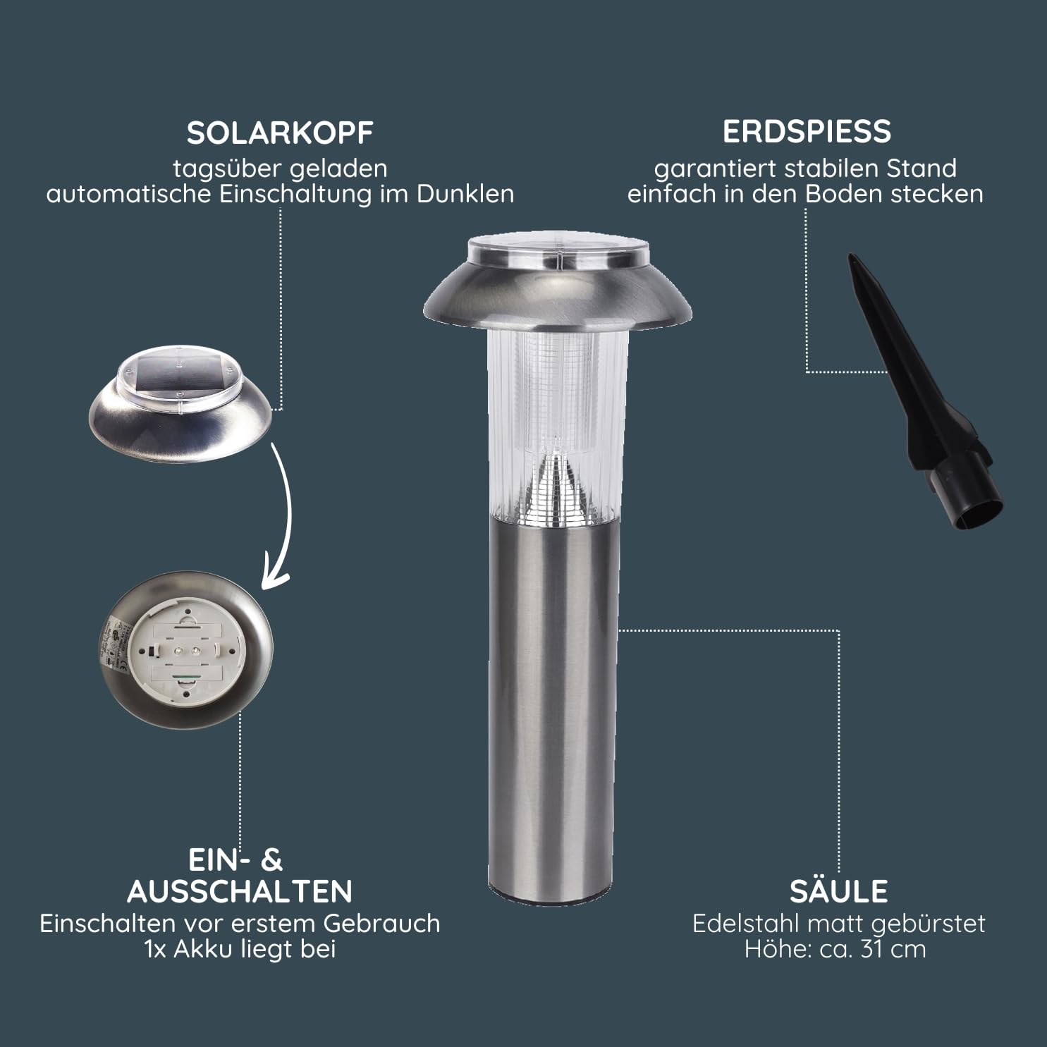 MeLiTec Garten-Solarlampe, 3er Set, Solar LED-Gartenleuchten, Solarlampe für außen, ideal für Garten, Terrasse und Balkon, aus Edelstahl matt gebürstet, SO06-1