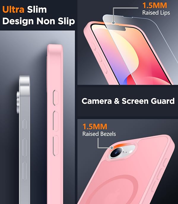 SPIDERCASE for iPhone 16e Case for iPhone 17e Case, Magnetic Translucent Matte Case with 2PCS Tempered Glass Screen Protector Slim Phone Case for iPhone 16E/17E 6.1'', Pink by SPIDERCASE - Image 6