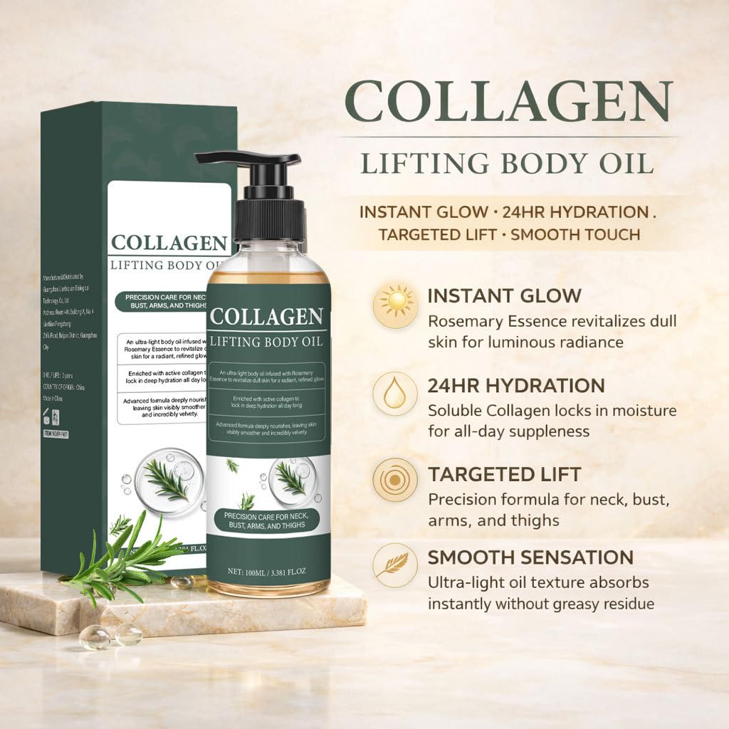 Olio per il corpo lifting del collagene per pelle più tonica e anti-invecchiamento, cura la pelle rugosa, olio per massaggi rassodante, leggero e non grassa dopo la doccia, ad assorbimento rapido (6