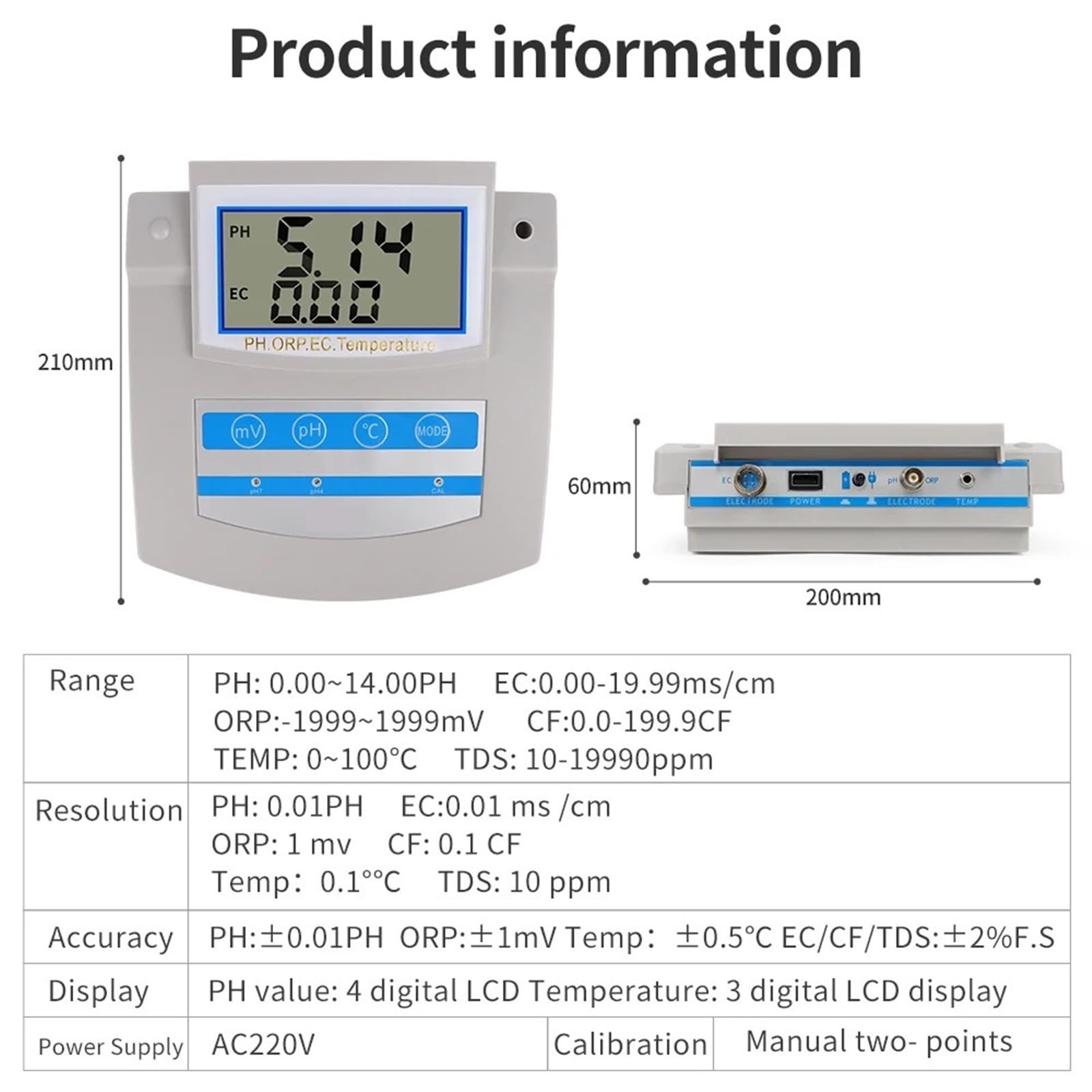 PH mètre 6 en 1 testeur d'eau numérique EC TDS ORP CF température analyseur de qualité de l'eau Potable Moniteur Laboratoire hydroponique d'aquarium, précis et Fiable