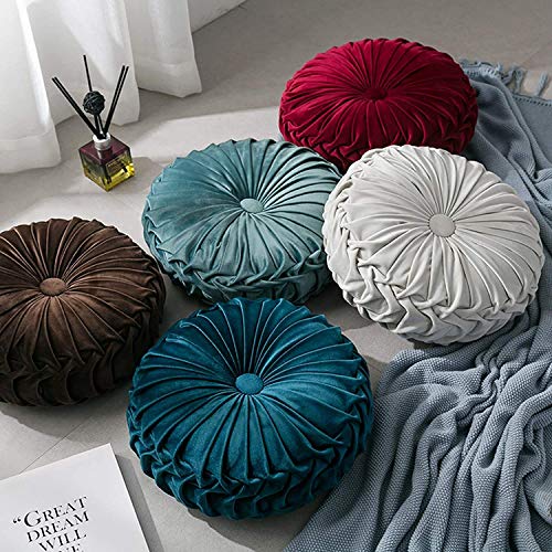 Bprtcra runde Samt-Kissen, plissiert, rundes Kissen, plissiert, gepolstert, Velours, handgefertigt für Haus, Sofa, Stuhl, Bett, Auto, 35 cm (Rot)