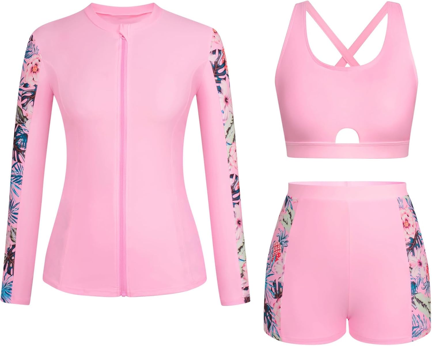 Womens 3 Piece Rash Guard Long Sleeve Zip Up Surfing Swimsuit Bulit-in Bra Tropical Modest Tankinis with Boy Shorts