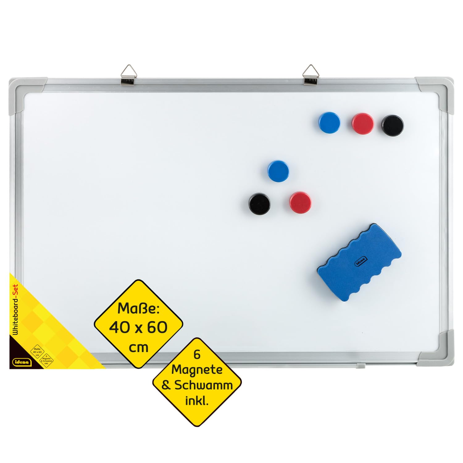 Idena 10414 - Pizarra blanca con marco de aluminio, aprox. 40 x 60 cm, incluye 6 imanes y esponja, apta para montaje en pared, ideal para la oficina y el hogar, sin fabricante