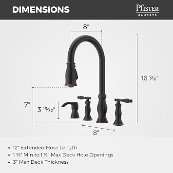 Pfister Hanover Kitchen Sink Faucet with Pull Down Sprayer and Soap Dispenser, 2-Handle High Arc Design, 4-Hole Installation, Tuscan Bronze Finish for Kitchen Sink F5314HNY