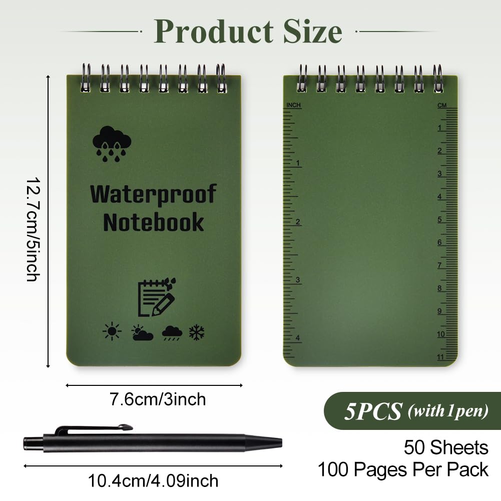 Carnets Étanches 5 Pièces 3 x 5 Pouces Bloc Note Spirale Mini Imperméables avec Stylo
