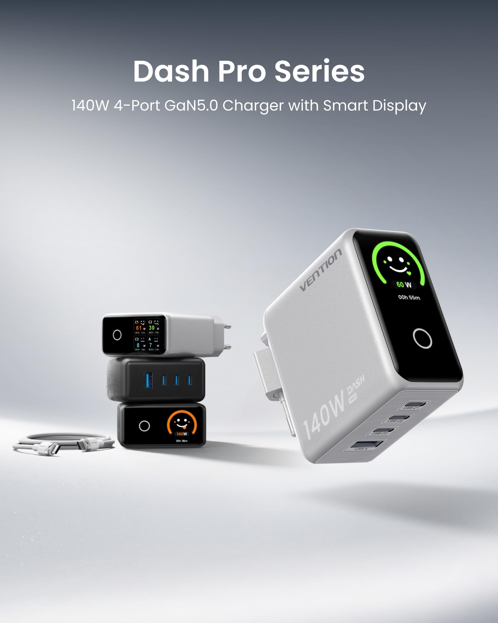 VENTION Caricatore USB C 140W, Caricabatterie GaN 5.0 a 4 Porte con Schermo TFT, Alimentatore USB C Veloce da Viaggio, Compatibile con iPhone 15/16/17, MacBook Pro/Air, Argento Titanio