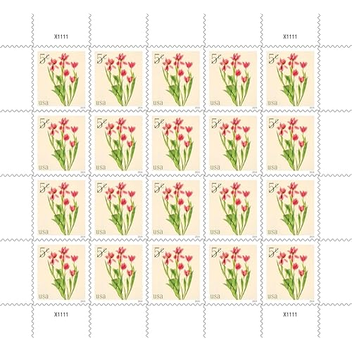 Red Tulips 2024 5-Cent (Sheet of 20) Flowers Denominated Mail-Use Additional Postage Stamps