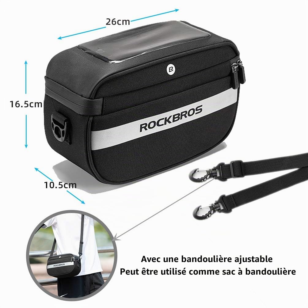 ROCKBROS Sacoche de Guidon Vélo VTT Trottinette Cyclisme Support de Téléphone Sacoche Rangement Avant Ecran Tactile Grande Capacité 4,5 L pour Smartphone sous 6,5 Pouces avec Bandoulière
