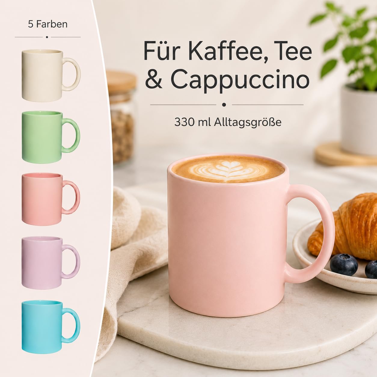 Pastell Tassen 330 ml – bunte Tassen, Kaffeetassen Set, Kaffeebecher Keramik matt mit Henkel, Cappuccino Tassen & Teetasse für Kaffee Tee, große Keramik Tasse für Büro Küche, 10er Set pro Farbe 2x