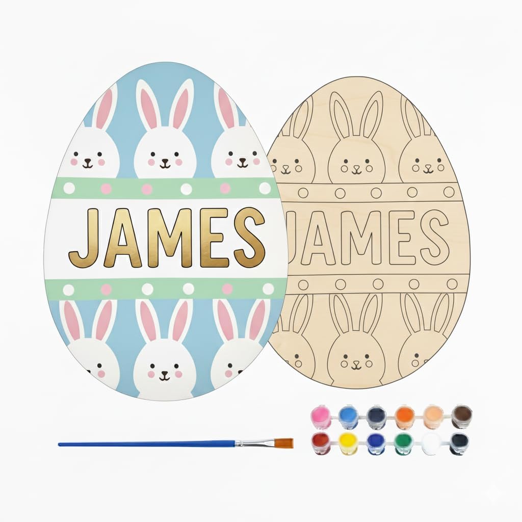 Personalized Easter Egg Paint Kit with Name, Custom DIY Wooden Painting Crafts Set for Kids, Easter Egg Decorating Basket Stuffer, Children’s Easter Games for Family