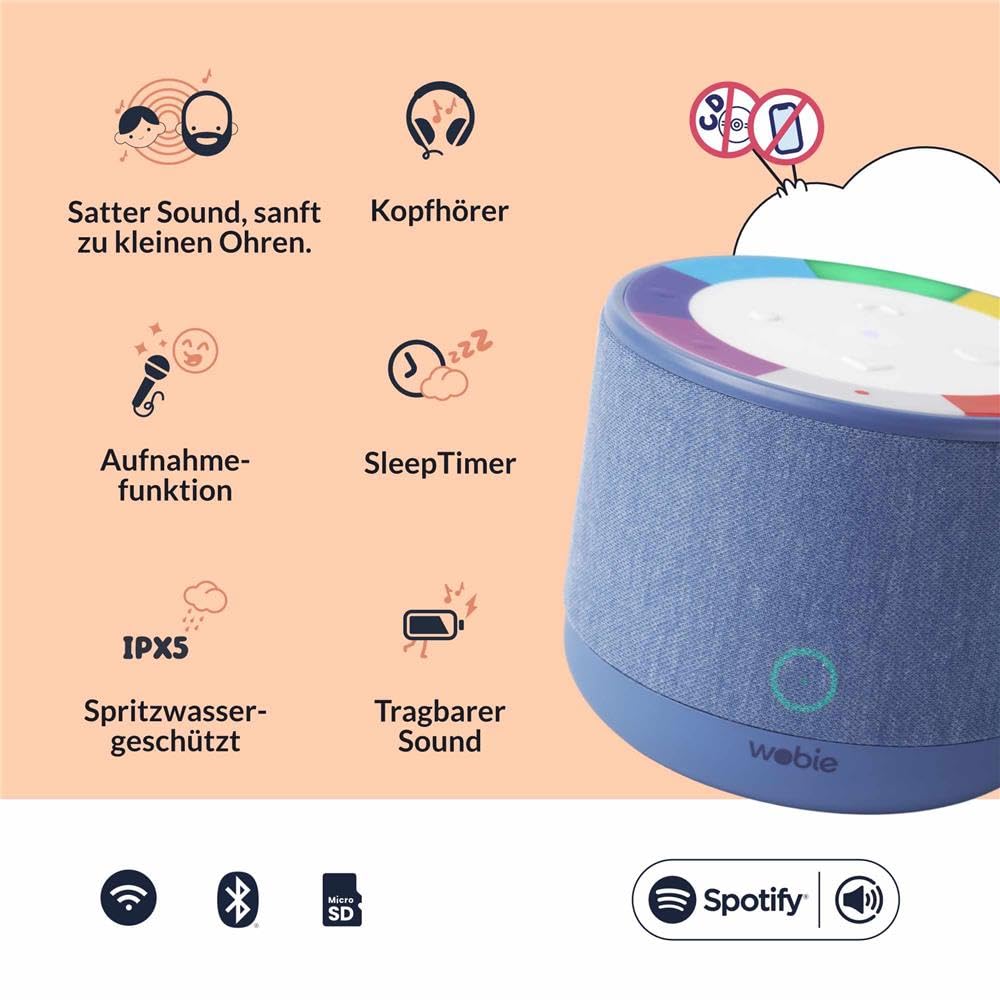 wobie Box Musikbox – Interaktive Hörspielbox & Musikplayer mit Direktzugriff auf Spotify – Bildschirmfreie kabellose Audiobox mit WLAN, Bluetooth & Kopfhöreranschluss – Hörspiele, Musik & Podcasts