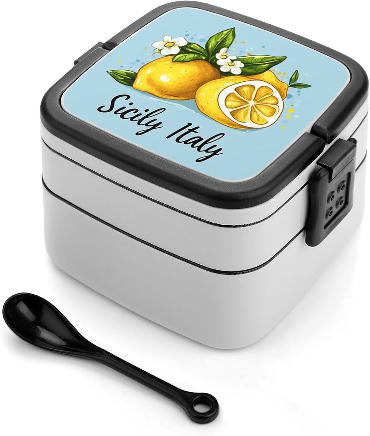 Sicilians Italy Italian Lemons Bento Box with Spoon 2 Layer Food Container Cute Lunch Box for Travel Dining Work