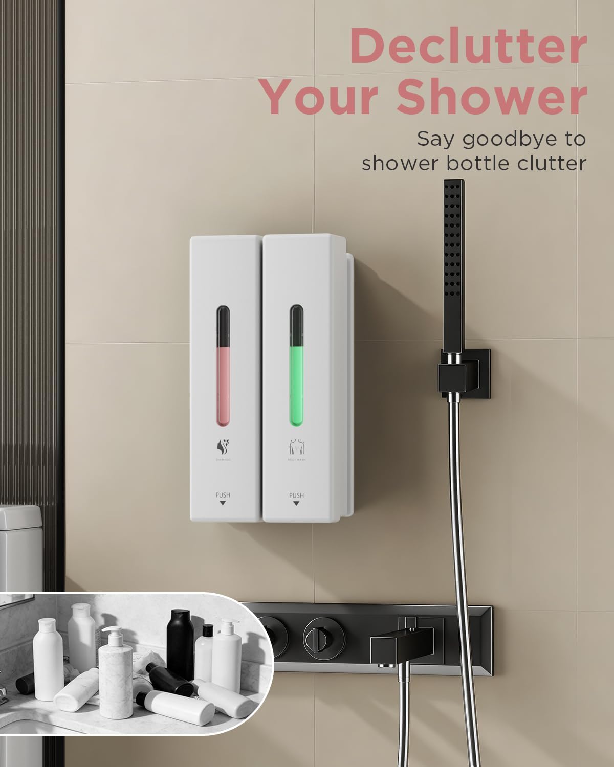 Shampoo and Conditioner Dispenser Wall Mounted, 3-Chamber Shower Soap Dispenser for Bathroom, 1200ML Large Capacity, No-Drill Installation, Clog-Free Pump for Thick Liquids (white-2-pack)