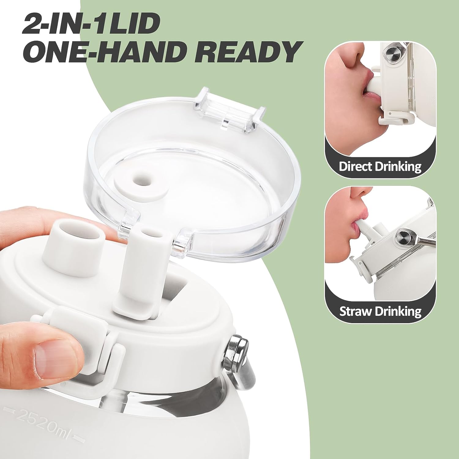 MUKOKO 84oz Glass Water Bottle with Time Marker and Silicone Sleeve 2.5L Water Jug with Stainless Steel Handle Gallon Drinking Bottle with 2-in-1 Lid Wide Mouth BPA Free, White - Image 2