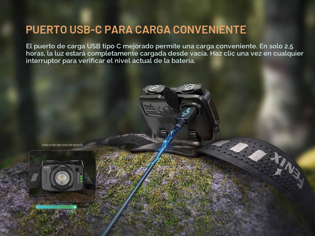 Fenix HL12R V2.0 - Linterna frontal recargable gris para exteriores | 500 lúmenes | 125 m | 112 horas máximo | Foco blanco de 500 lúmenes con haz rojo secundario de 1 lumen | IP66