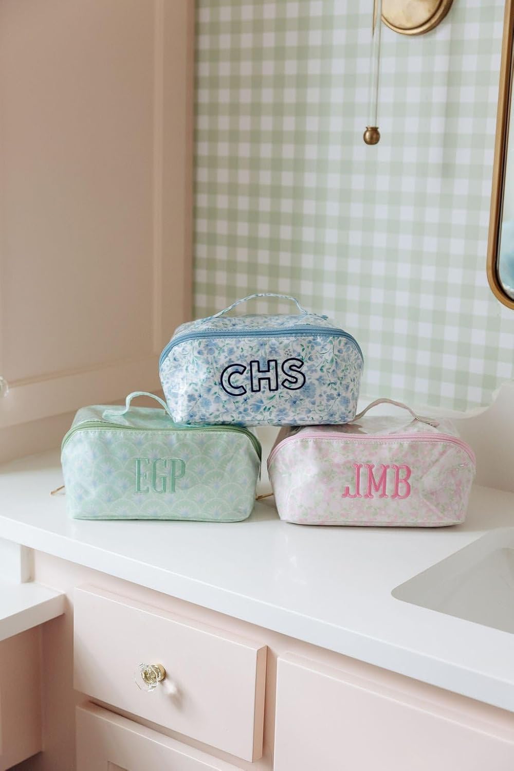 Personalized Flat Lay Makeup Bag - Clear-Coated Embroidered Cosmetic Organizer, Monogrammed Wide-Open Travel Pouch with Easy-Access Interior, Handmade Gift for Women (Palm)