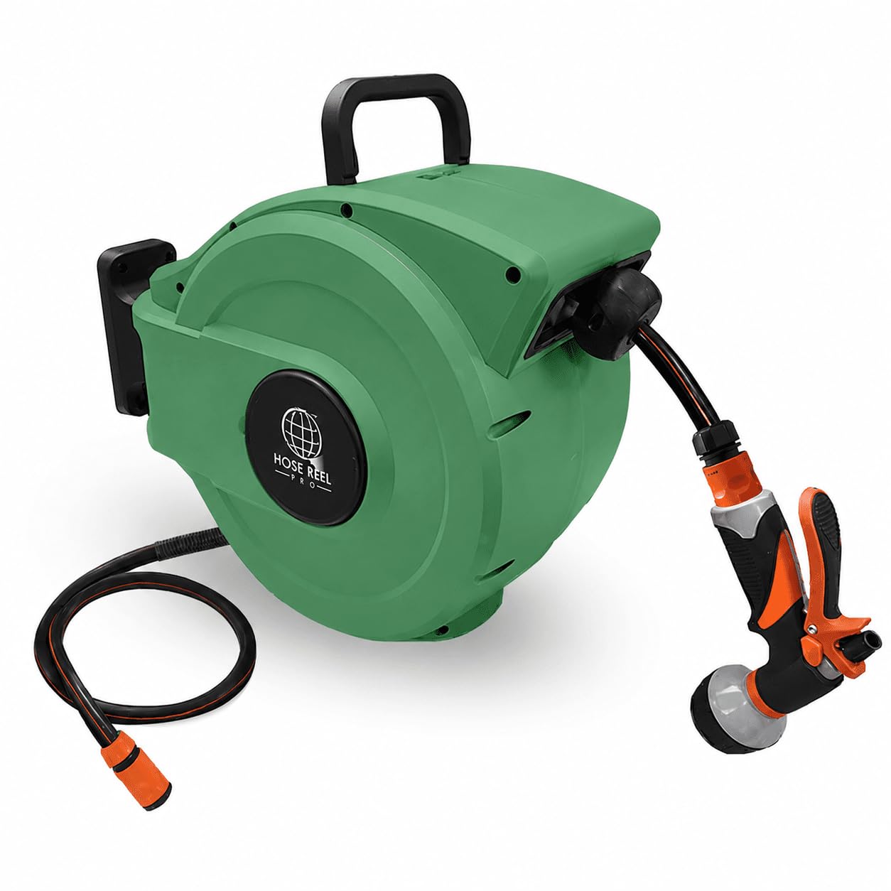 Hose Reel Pro Retractable Garden Hose Reel - Green Case/Black Hose, 15m Wall-Mounted Garden Hose with Automatic Rewind, 8-Function Spray Nozzle, 150° Swivel Bracket, Heavy-Duty Leak-Proof Design