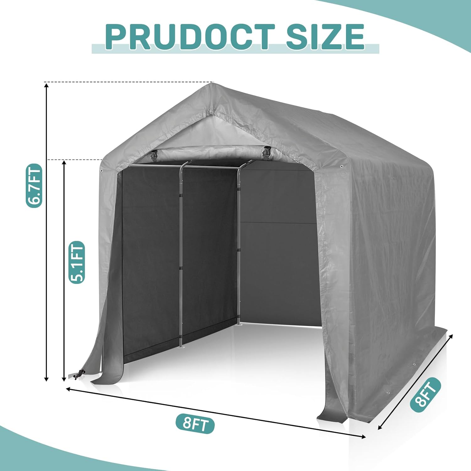 8ft x 8ft Outdoor Storage Shed, Garden Storage Shed Tent with Roll-Up Zipper Door and Galvanized Steel Frame, Waterproof Carport for Motorcycle, Bike, Garden Tools, Grey