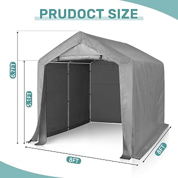 8ft x 8ft Storage Shed Tent, Galvanized Steel Frame, Grey | Garden Storage Shed, Waterproof Carport, Roll-Up Zipper Door, For Motorcycle, Bike, Garden Tools