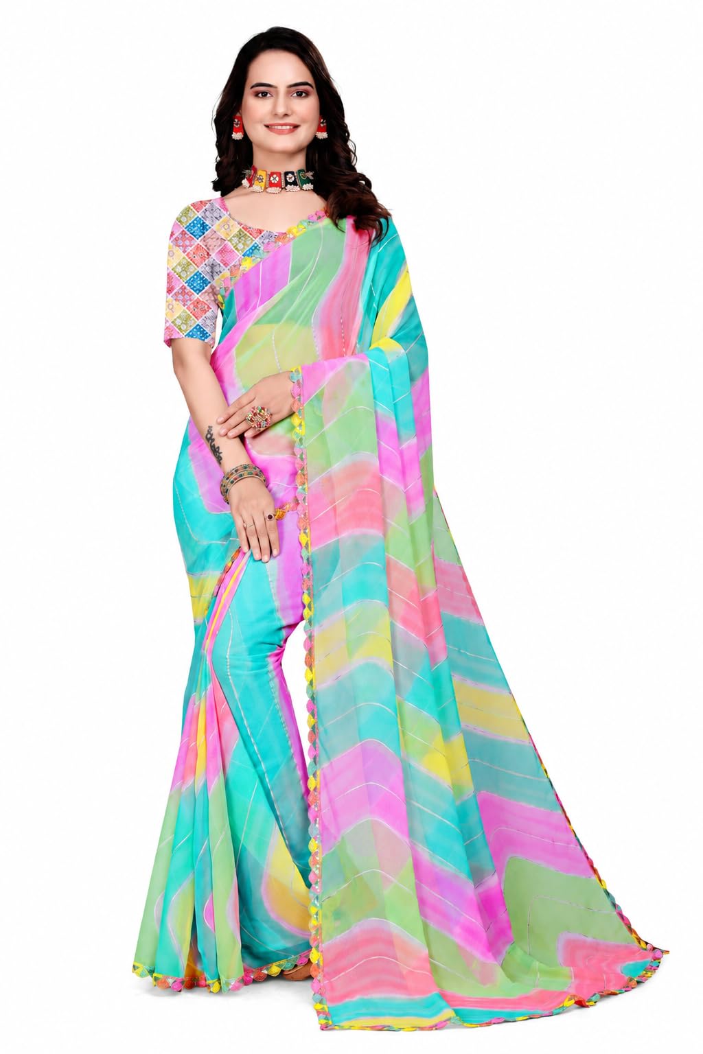 Women's Georgette Printed Saree with Unstitched Blouse Piece, Fancy Border Lace Saree for Party, Festival, Wedding & Traditional-picture-10
