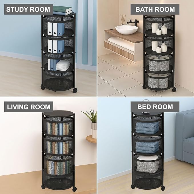 Image of HomeWiz 4-Layer Round Kitchen Trolley | Movable Storage Organizer for Fruits & Vegetables | Perforated Mesh Baskets with Solid Flat Top | Multipurpose Rack for Onion & Potato | Rust-Resistant | Black