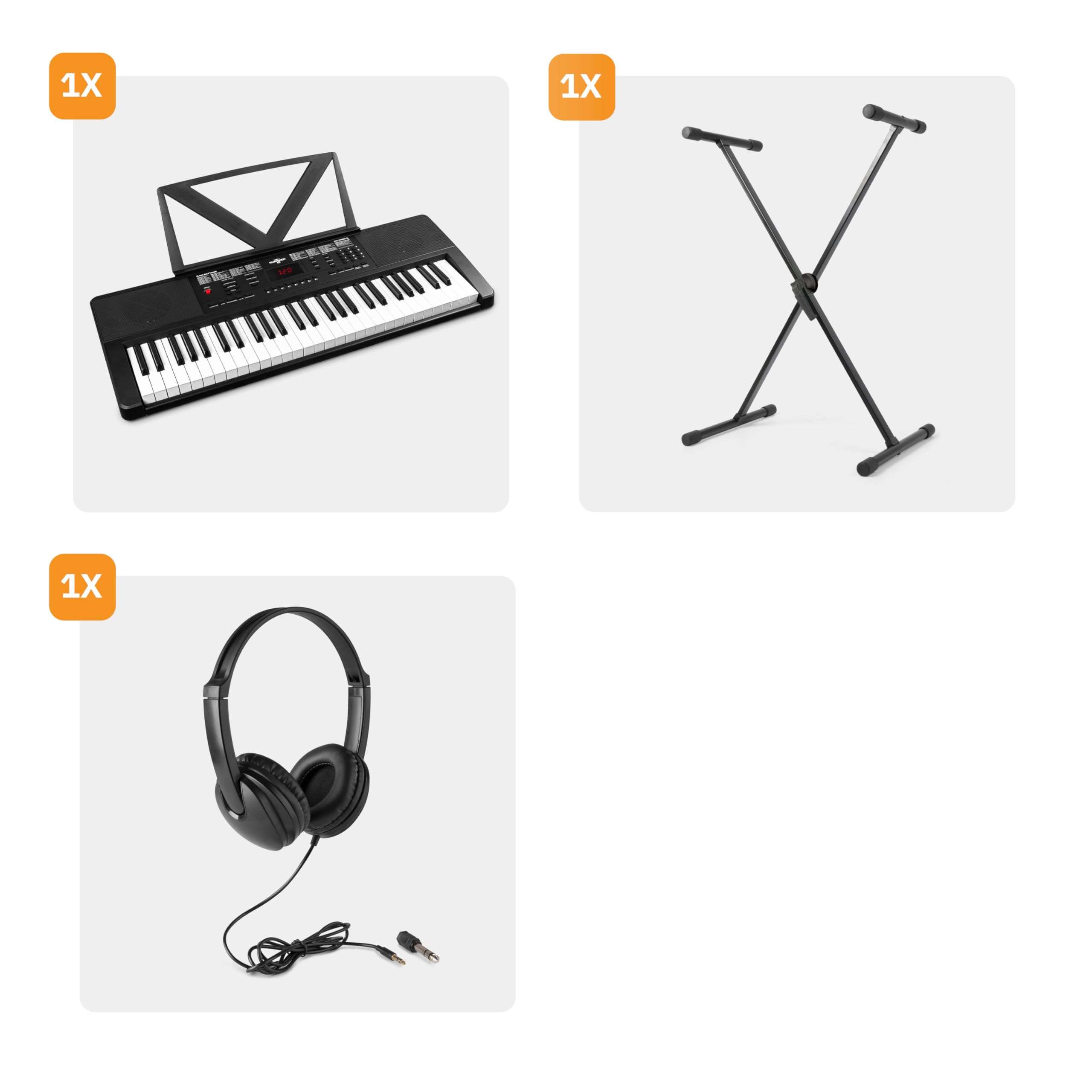 MAX Rhapsody54 - Keyboard Piano mit Notenhalter für Anfänger, 54 Tasten Keyboard mit Ständer und Kopfhörer, Lautsprecher, Display, 50 Demos, Lern-Funktion, 600 Sounds, 8 Percussions
