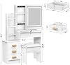 Dressing Table with LED Lights with Adjustable Brightness,Vanity Table with Mirror,4 Drawers,6 Shelves,Makeup Table with Mirror and Stool,Modern Makeup Vanity Desk with Mirror and Chair for Bedroom W