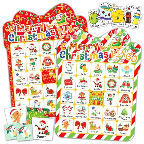 MonEnfance 39Pcs Christmas Bingo Cards, 24 Players Cute Christmas Bingo Game for Kids Adults Party Supplies Family Games Activities Xmas Festival