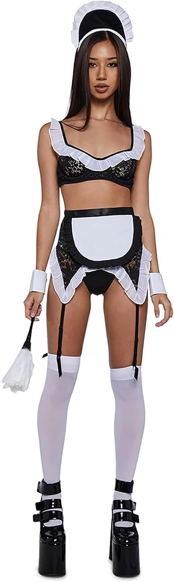 Dolls Kill French Maid Costume Set by Trickz N Treatz Lace Bralette, Skirt & Feather Duster Sexy Halloween Outfit
