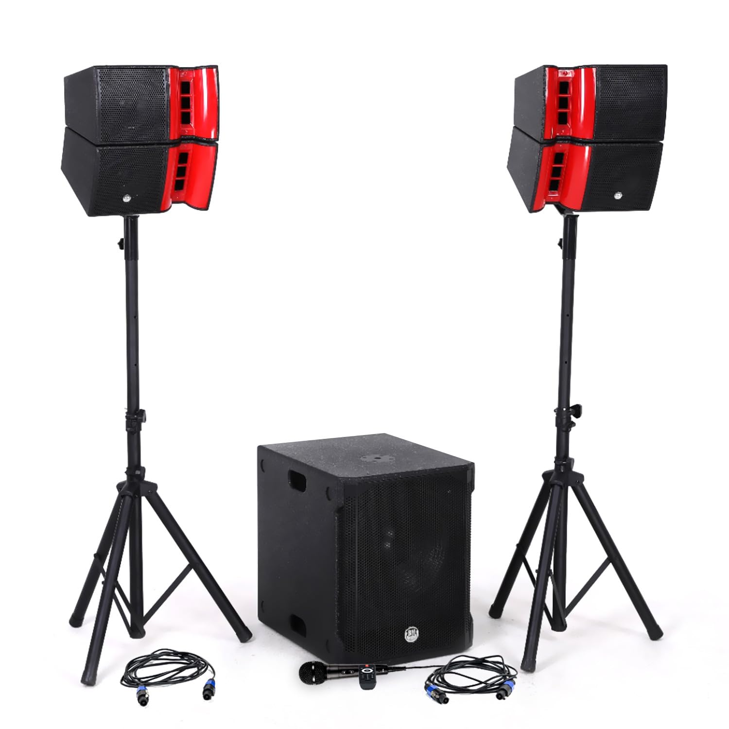 Pack Sonorisation DJ Complet BM Bmsonic BMS15-HORN 1200W, Enceintes Satellites, Caisson 38cm USB/Bluetooth, Supports Câbles