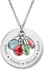 Custom Birthstone Necklace Personalized Necklaces with 1-6 Engraved Names & Birthstones for Mom Grandma Women Custom Family Jewelry Gifts for Christmas Birthday Mother's Day