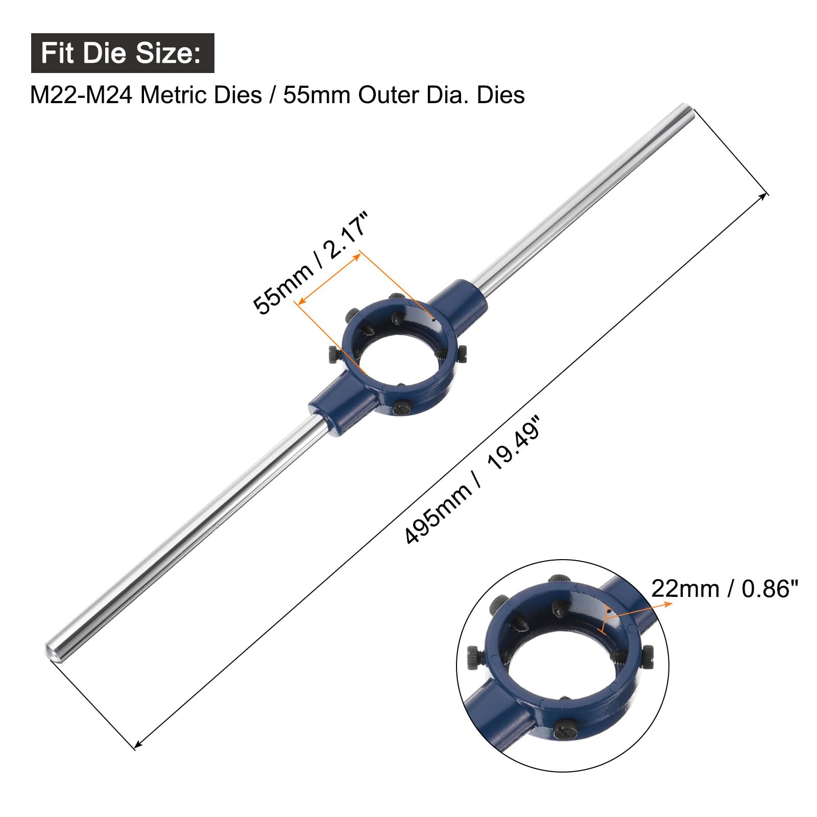 QUARKZMAN Matrici Filettature per Tubi 55mm (2,17") Supporto Maniglia Chiave Filettatura Regolabile Strumenti per Riparazione Bullone (Matrici Metriche M22-M24 / Matrici Od 55mm)