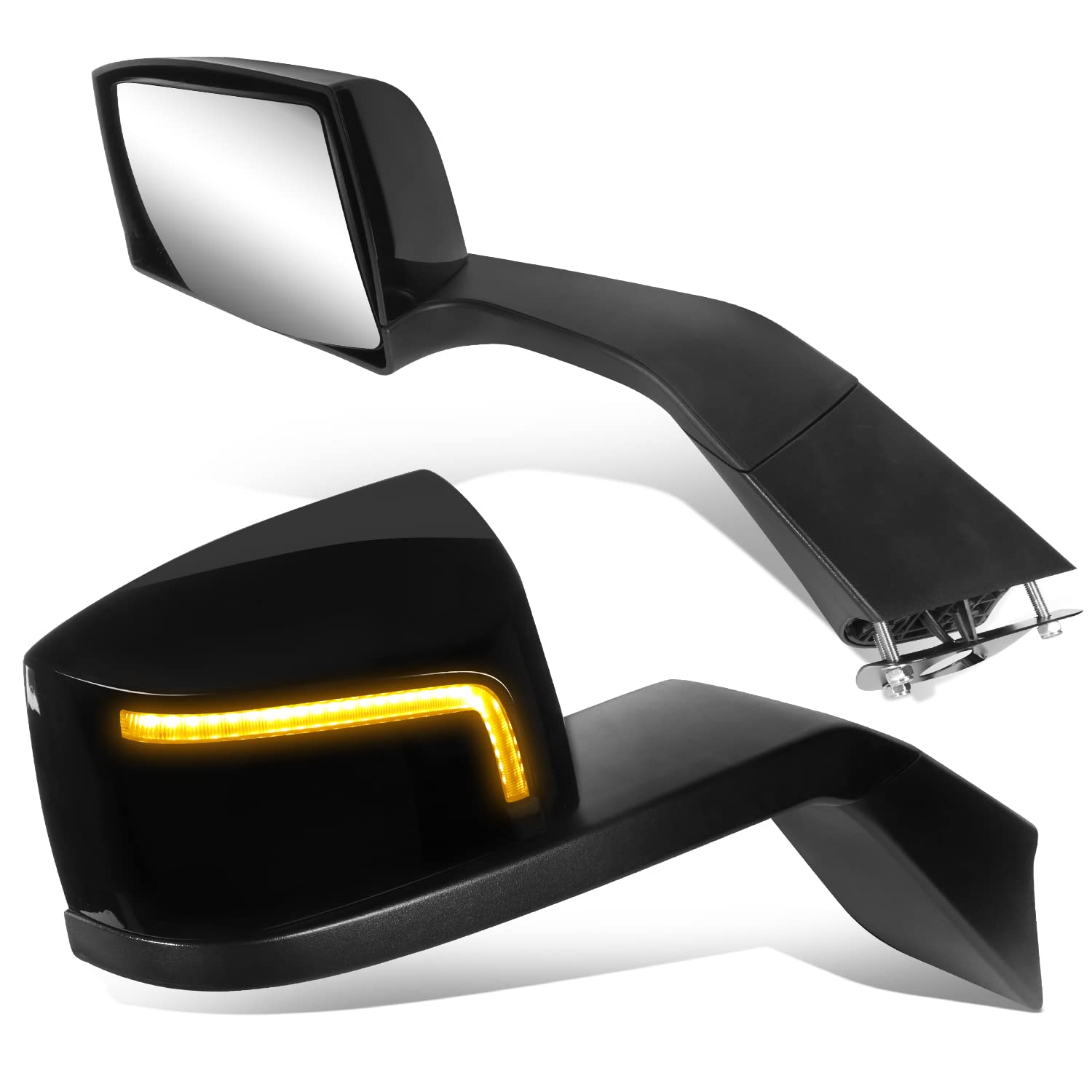 Auto DynastyL-Pattern LED Sequential Turn Signal Manual Adjust Rear View Side Hood Mirrors Compatible with Volvo VNL VN Series 2018-2021, Driver and Passenger Side, Textured Glossy Black