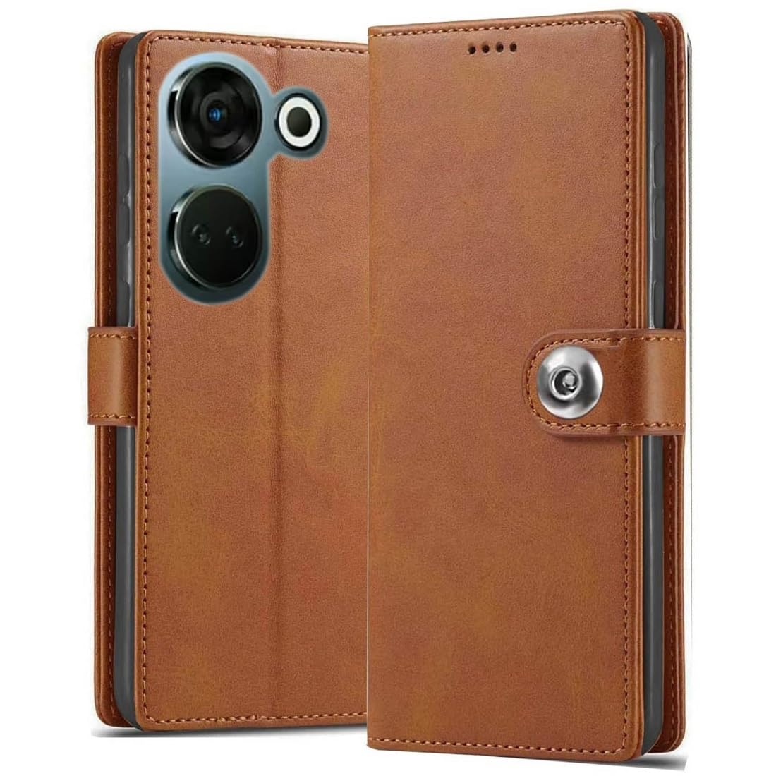 Coverage Leather Finish Flip Cover for Tecno CK6 / Camon 20 | Inside Back TPU & Stand | Wallet Button Magnetic Closure for Tecno Camon 20 - Brown-image-46