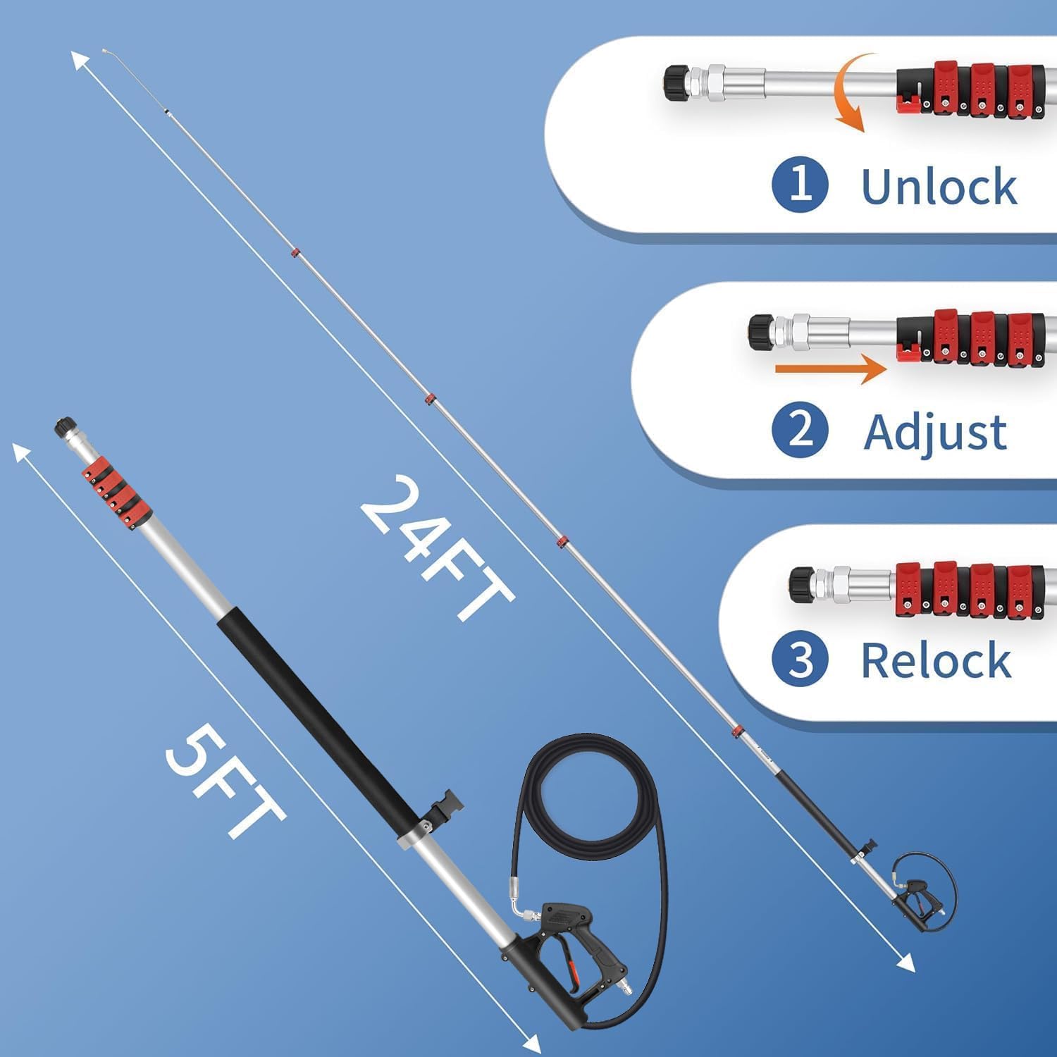 LidoDola Kit de varita telescópica para lavadora a presión de 24 pies, poste de extensión, limpiador de canalones, cepillo y 7 boquillas para techo, cubierta, vehículo, revestimientos