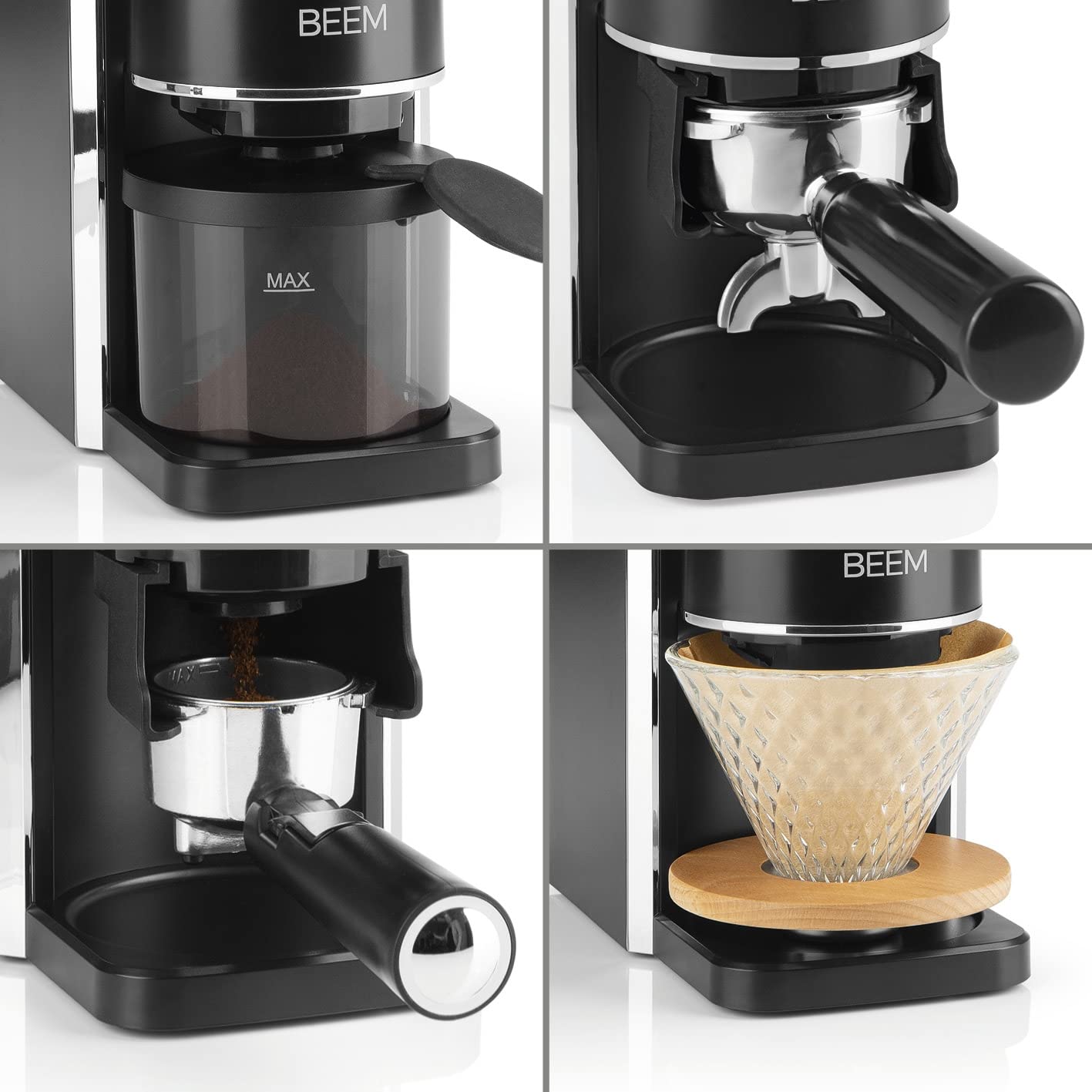 BEEM GRIND-PERFECT Elektryczny młynek do kawy, 250 g, 35-stopniowa regulacja stopnia mielenia, mielenie stożkowe, dozowanie regulowane pokrętłem (2-12 filiżanek), bezpośrednio w uchwycie sitowym o