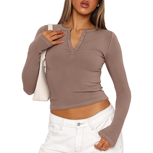 Trendy Queen Long Sleeve Shirts for Women Fall Fashion Outfits Clothes V Neck Henley Crop Tops Y2K Tops