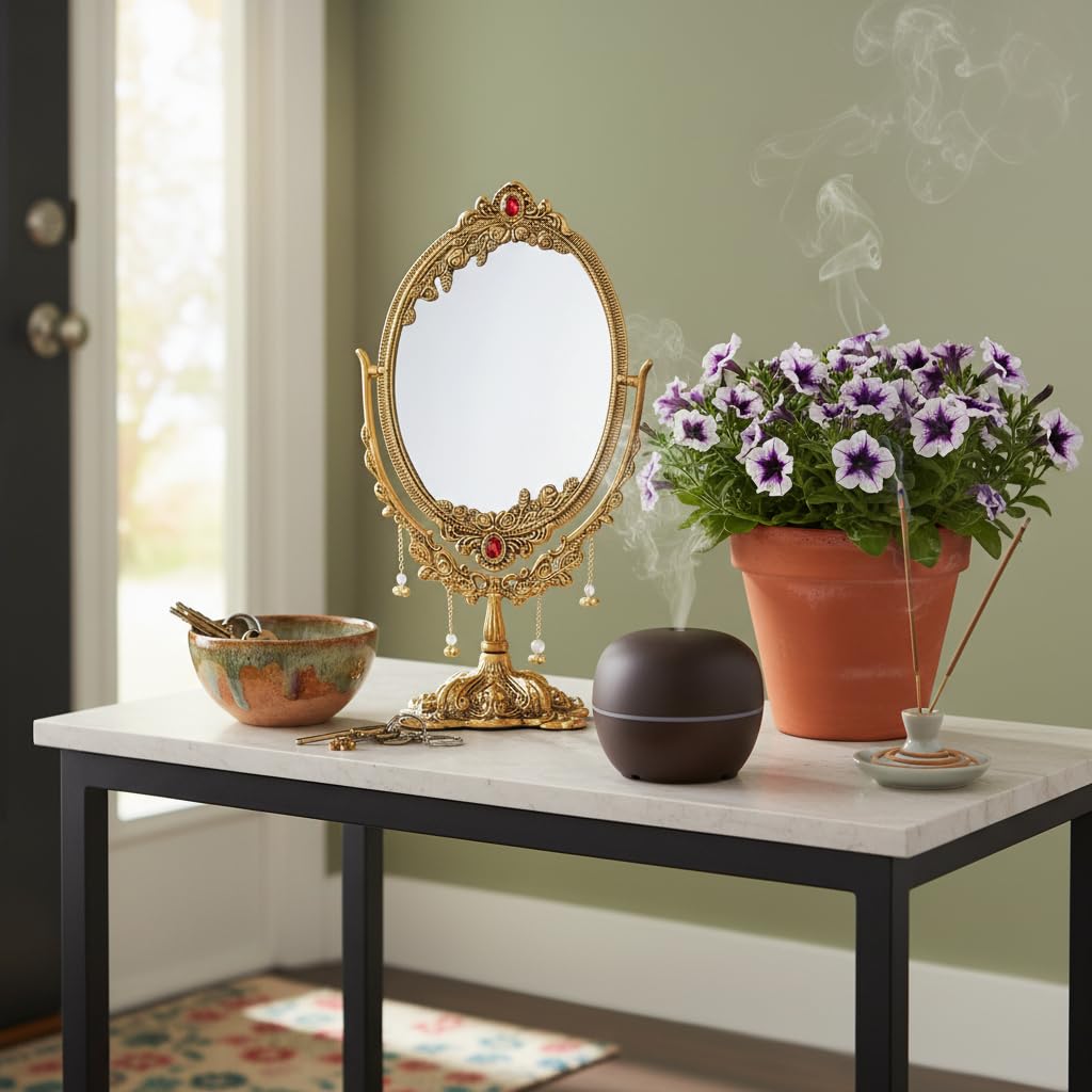 KridayKraft Gold-Plated Double-Sided Oval Metal Table Mirror – Floor-Mounted Unframed Vanity Mirror for Home Décor, Birthday, Anniversary, Wedding & Festive Gifting for Loved Ones 2
