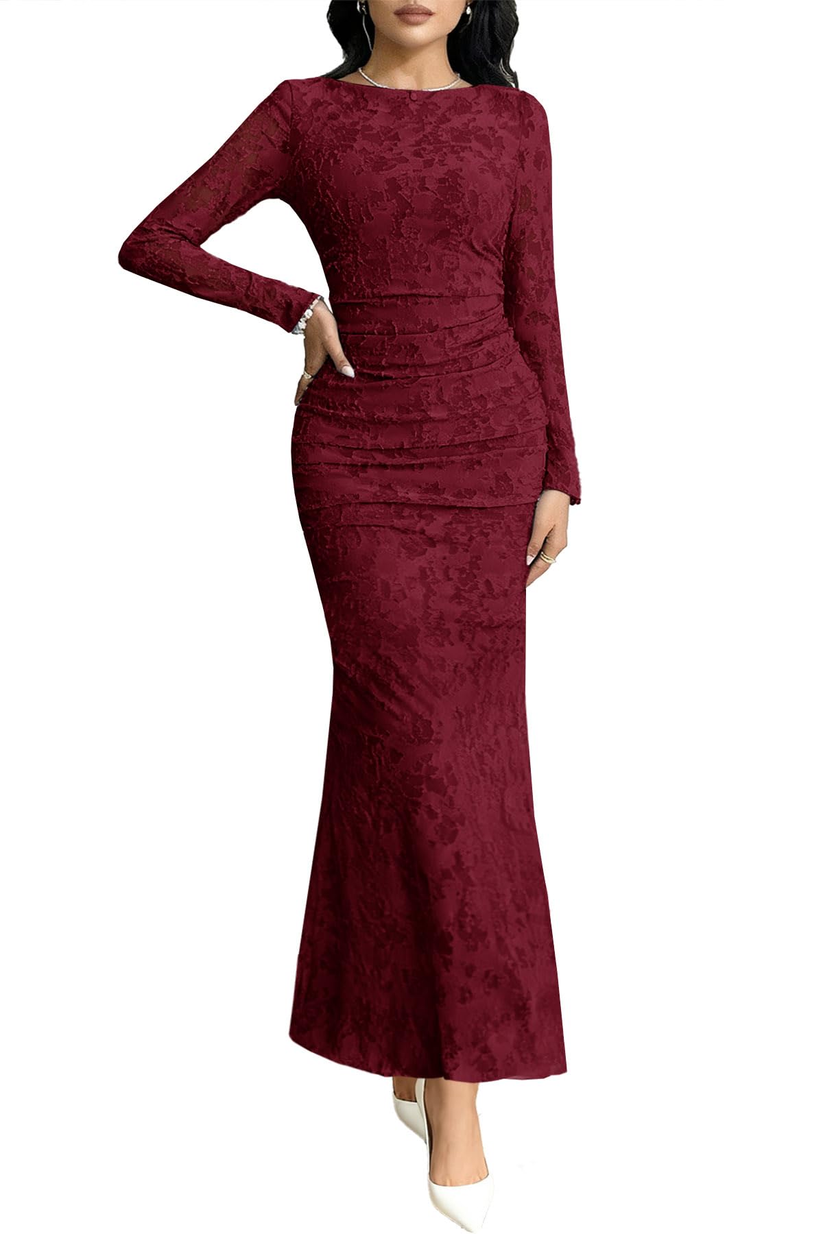 mitilly women's formal long sleeve dress fall elegant floral bodycon ruched cocktail party maxi dresses new size l